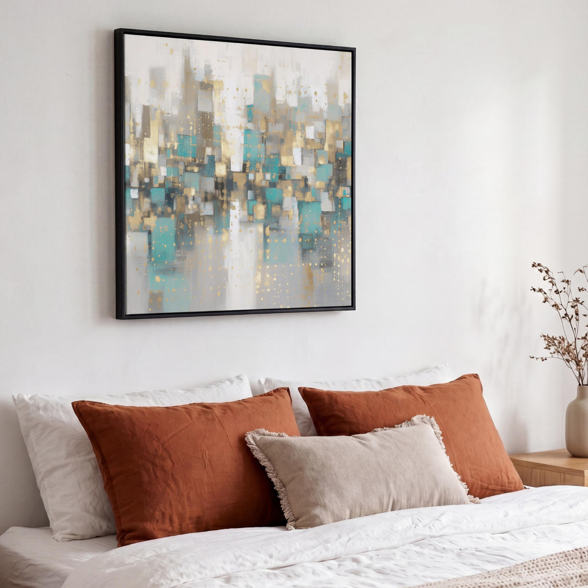 LEINWAND Bilder mit Rahmen - Abstrakt - Blöcke - Gold - Skyline - 50x50 - Beige, Textil (50/50cm) - MuchoWow