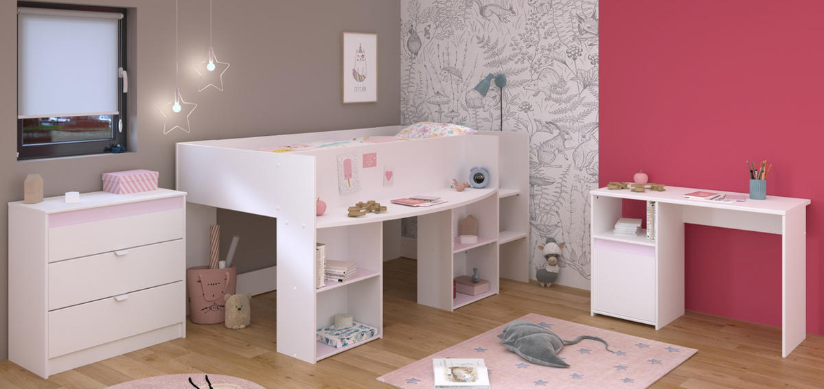 KINDERZIMMER weiß, grau oder rosa, Komplett-Set 3-teilig mit Kleiderschrank, Schreibtisch, Bett 90x200 - Weiß, Holzwerkstoff (110/104/205cm) - Parisot Meuble