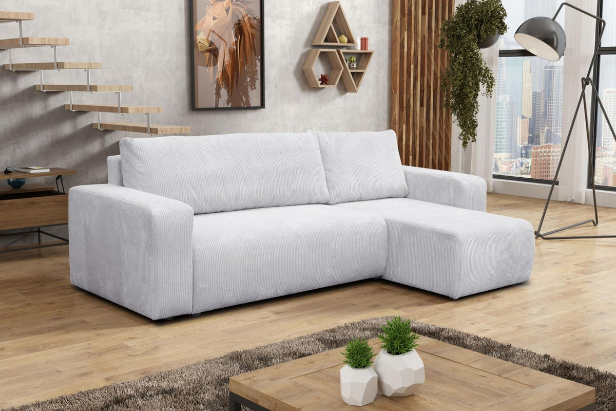 ECKSOFA LUNA mit Schlaffunktion und Bettkasten Cord-Stofff (Hellgrau) - Hellgrau, Textil (244/142cm) - VENASI MÖBEL