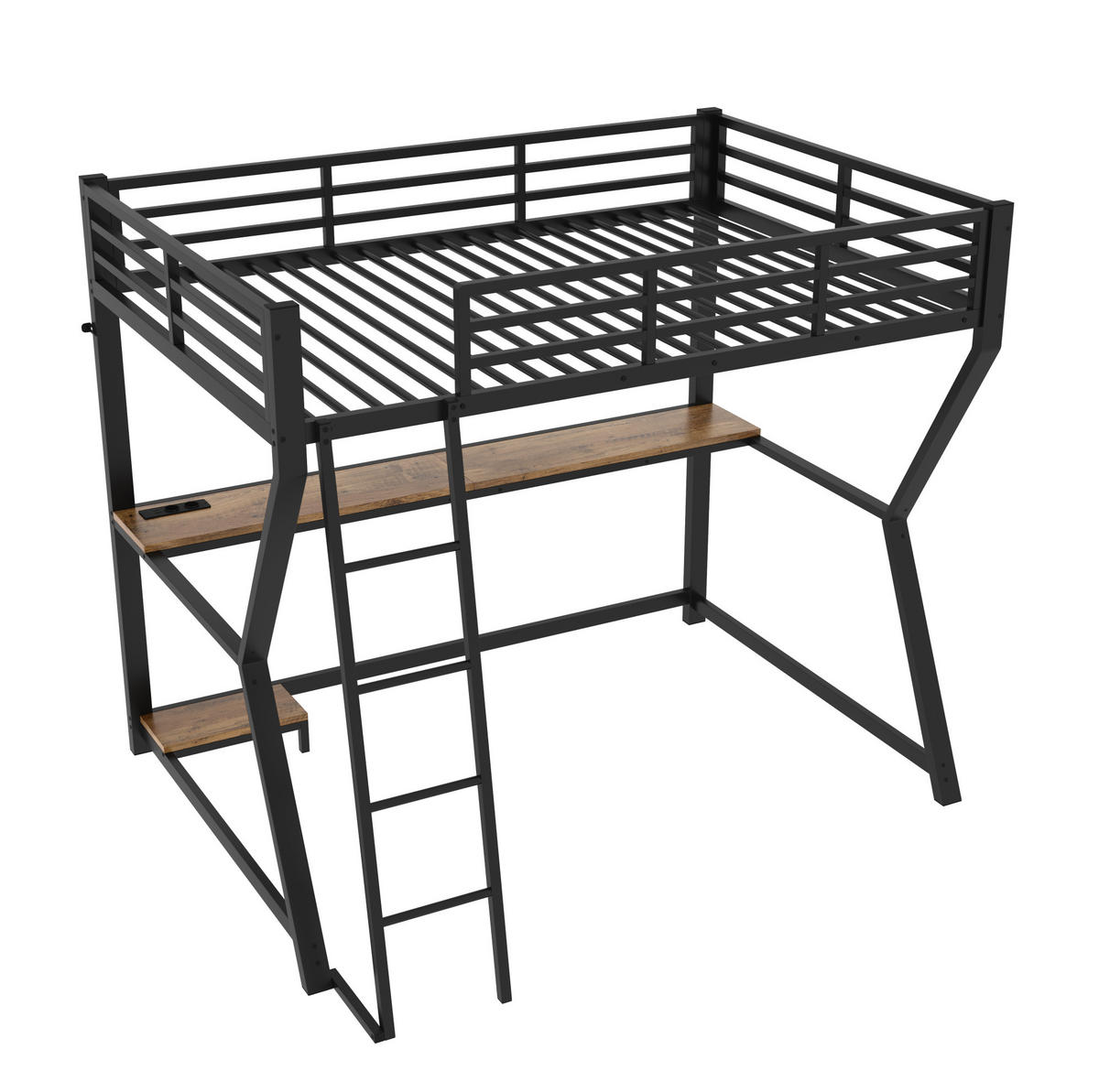 KATNI krevet od metala i MDF ploča 90x200 cm crni s LED rasvjetom, stolom, utičnicom i USB priključkom - crna, metal (90/200cm) - Modfu