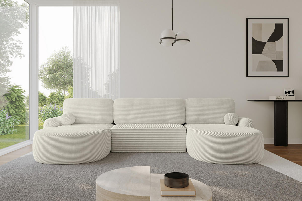 WOHNLANDSCHAFT mit Schlaffunktion und Bettkasten LIRA-U - 335x172x89 Creme - Creme, Holzwerkstoff/Textil (335/89/172cm) - ALTDECOR