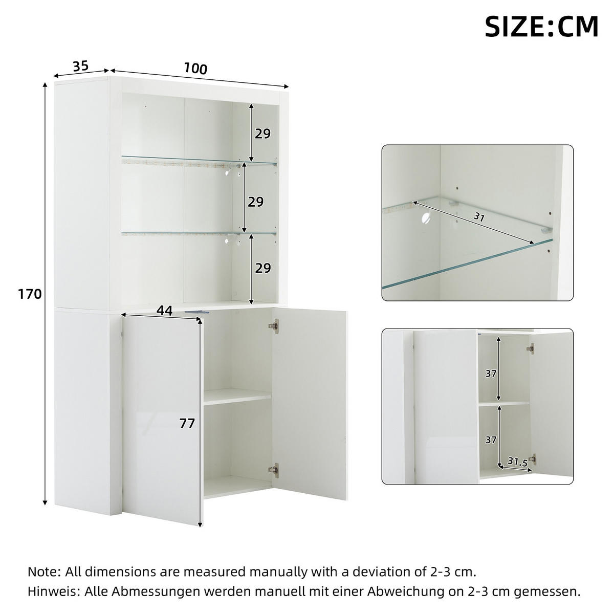 KÜCHENSCHRANK 100/170/35 cm, MDF, MIT LED-BELEUCHTUNG, Wohnzimmer Hochschrank - Weiß, Holzwerkstoff (35/170/100cm) - Rolipo