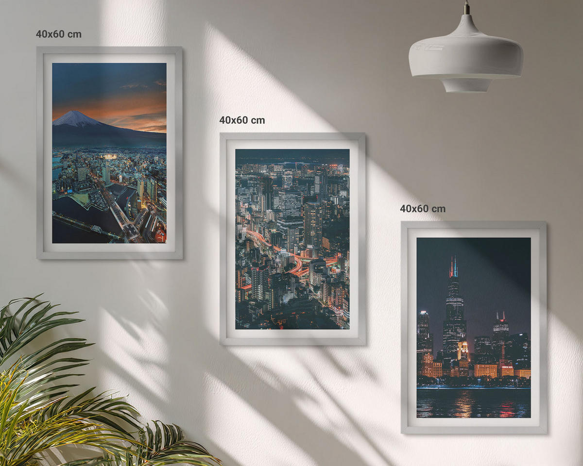 BILDER SET 3er Set - 40x60 cm Silberner Rahmen - Bergpanorama der Stadt bei Nacht - Silberfarben, Kunststoff (40/60cm) - TULUP