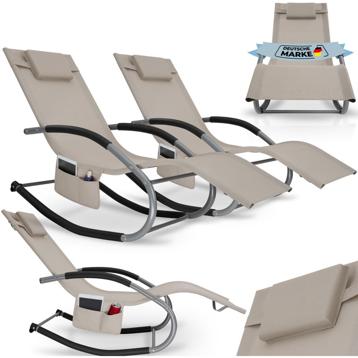 GARTENLIEGE Taya,abnehmbares Kopfpolster, seitliche Aufbewahrungstasche,beige - Beige, Kunststoff (62/92/142cm) - tectake
