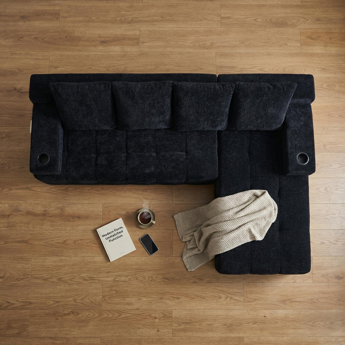 ECKSOFA Chenille Schwarz mit Becherhaltern und Seitenfach - Schwarz, Textil (260/168cm) - WISHDOR