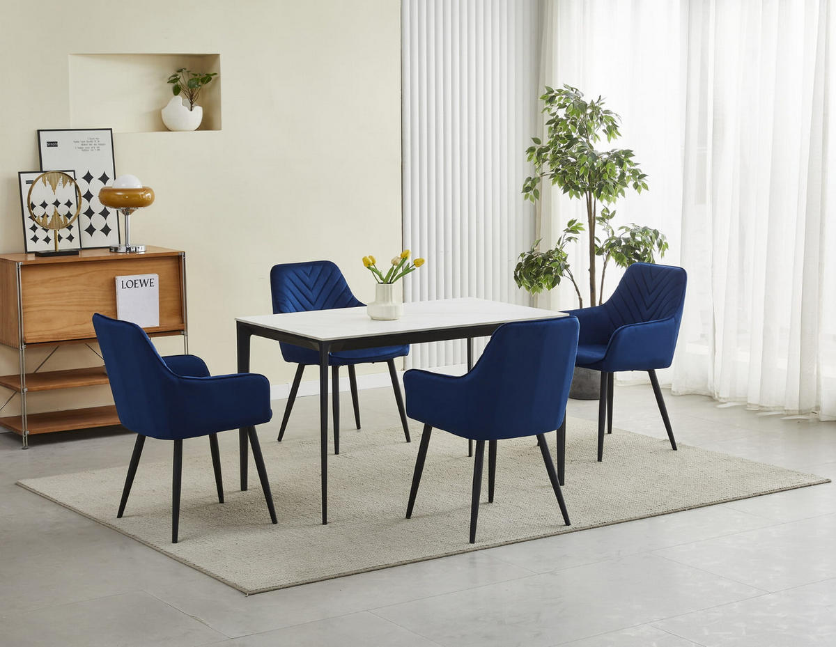 STUHL NEMI 2-er Set, Blau, Schwarz, mit Samtstoff gepolstert - Blau, Textil/Metall (54/84/61cm) - Komodee