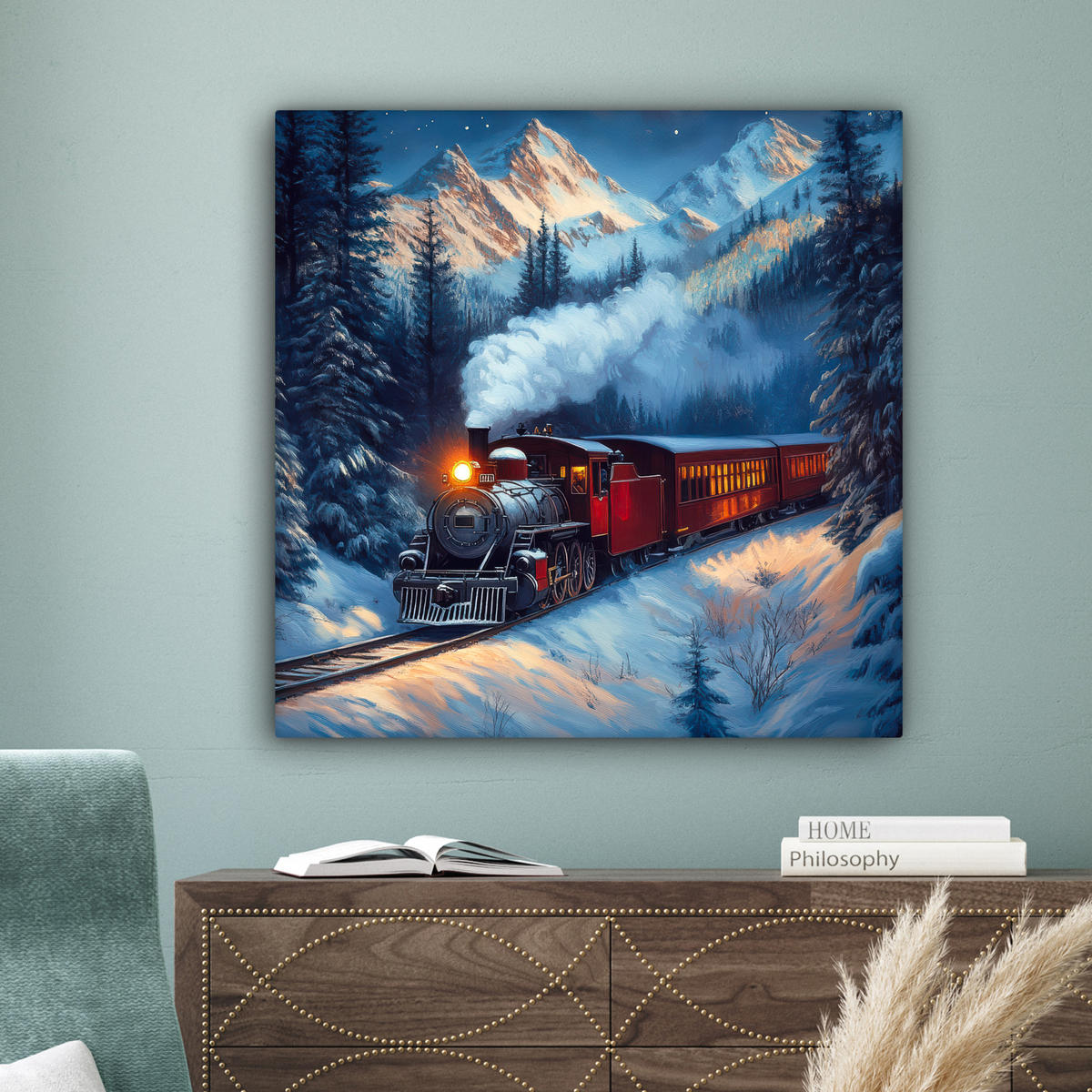 LEINWANDBILD Zug - Weihnachten - Schnee - Weihnachtszug 90x90 cm - Anthrazit, Textil (90/90cm) - MuchoWow