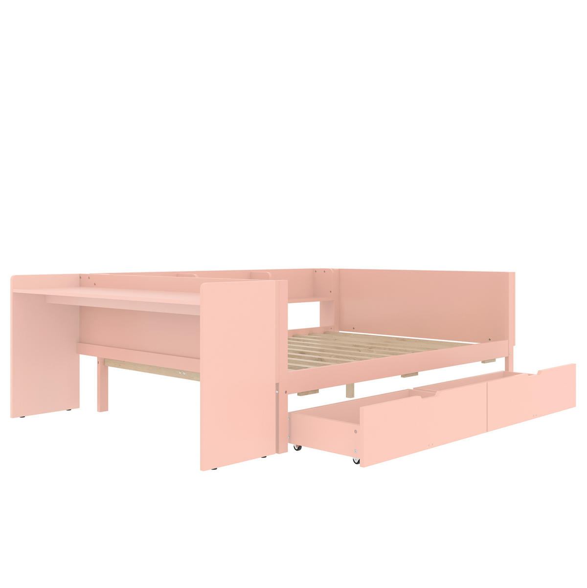 KINDERBETT aus Kiefer und Spanplatte 140x200 cm Weiß/Rosa mit Schreibtisch, 2 Schubladen und 3 Regalen - Rosa, Holzwerkstoff (140/200cm) - Modfu
