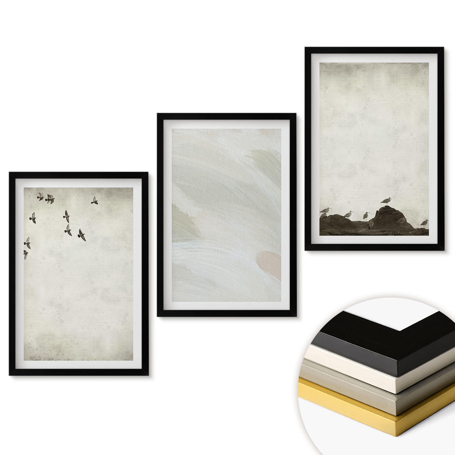 WANDBILDER 3er-Set - 40x60 cm Schwarzer Rahmen - Vögel, Steine, Pinselstriche, Verzierungen - Schwarz, Kunststoff (40/60cm) - ArtPrintCave