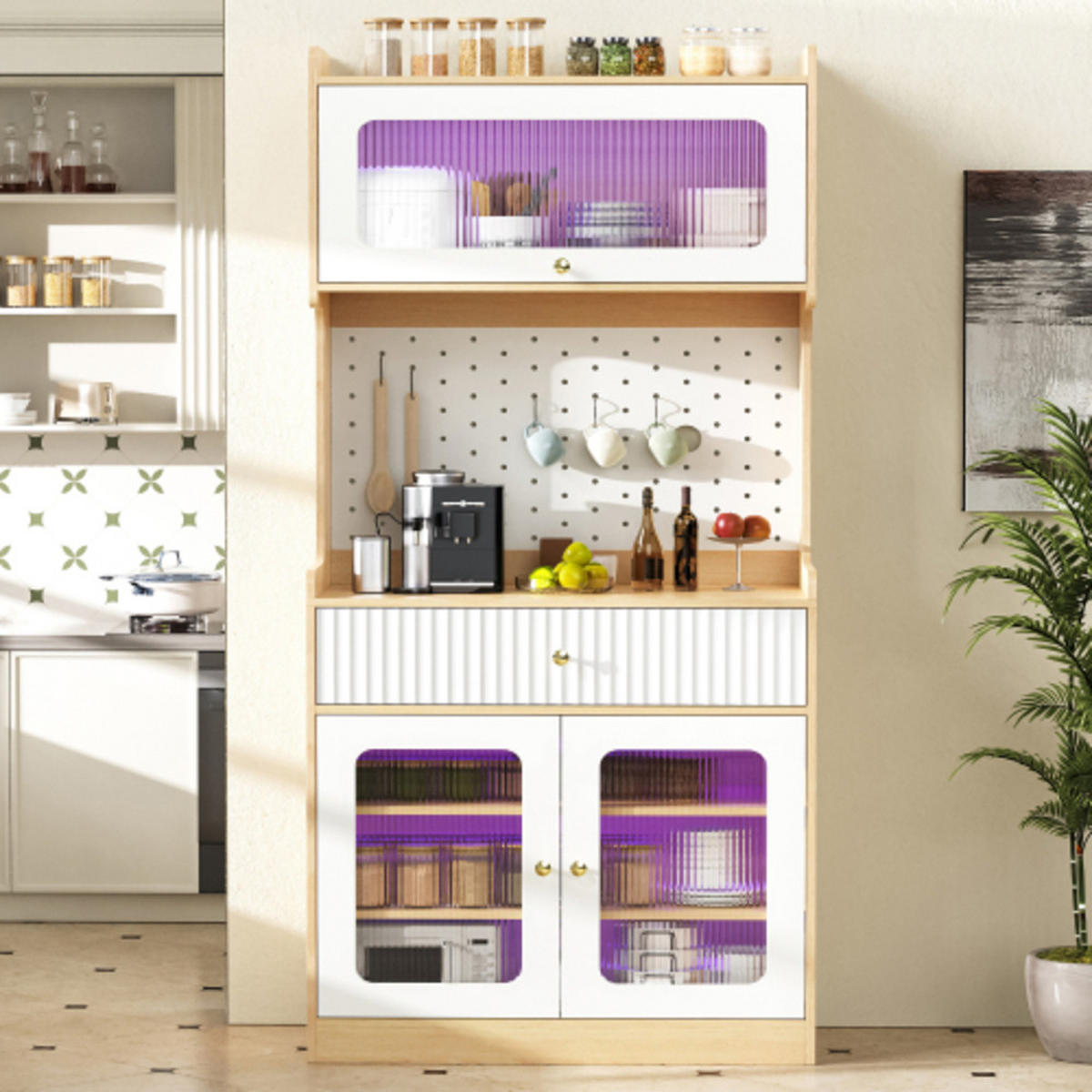 HIGHBOARD mit Riffelglas & LED-Beleuchtung, weiß-natur 80×40×180 cm aus MDF und Spanplatte - Weiß, Holzwerkstoff (80/180/40cm) - Luhomfu