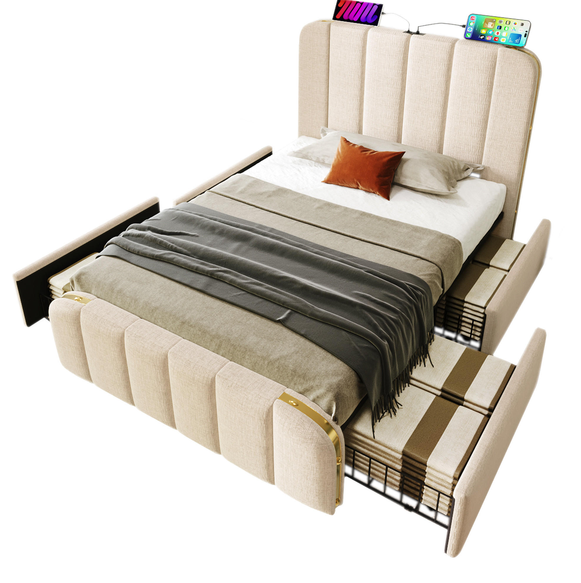 POLSTERBETT 90/200 cm mit 4 Schubladen und USB-C, Beige - Beige, Textil (90/200cm) - BEAOK