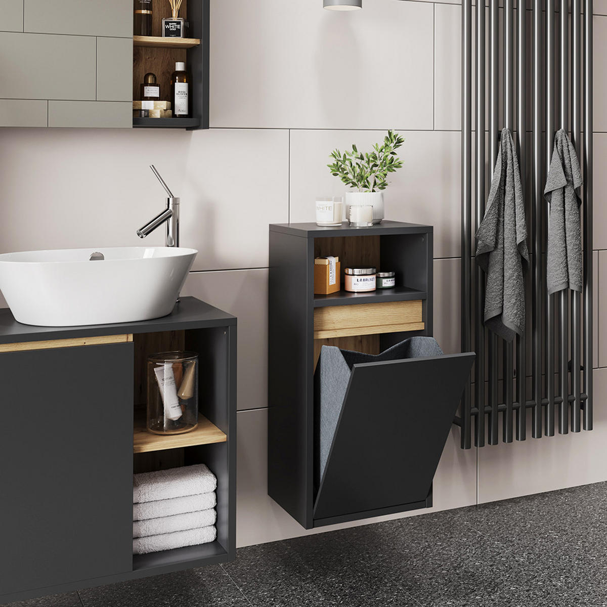 BADSCHRANK Viola Grau/Artisan 38 x 80 cm mit Wäschkorb - Eiche Artisan/Grau, Holzwerkstoff (38/80/33cm) - Vicco