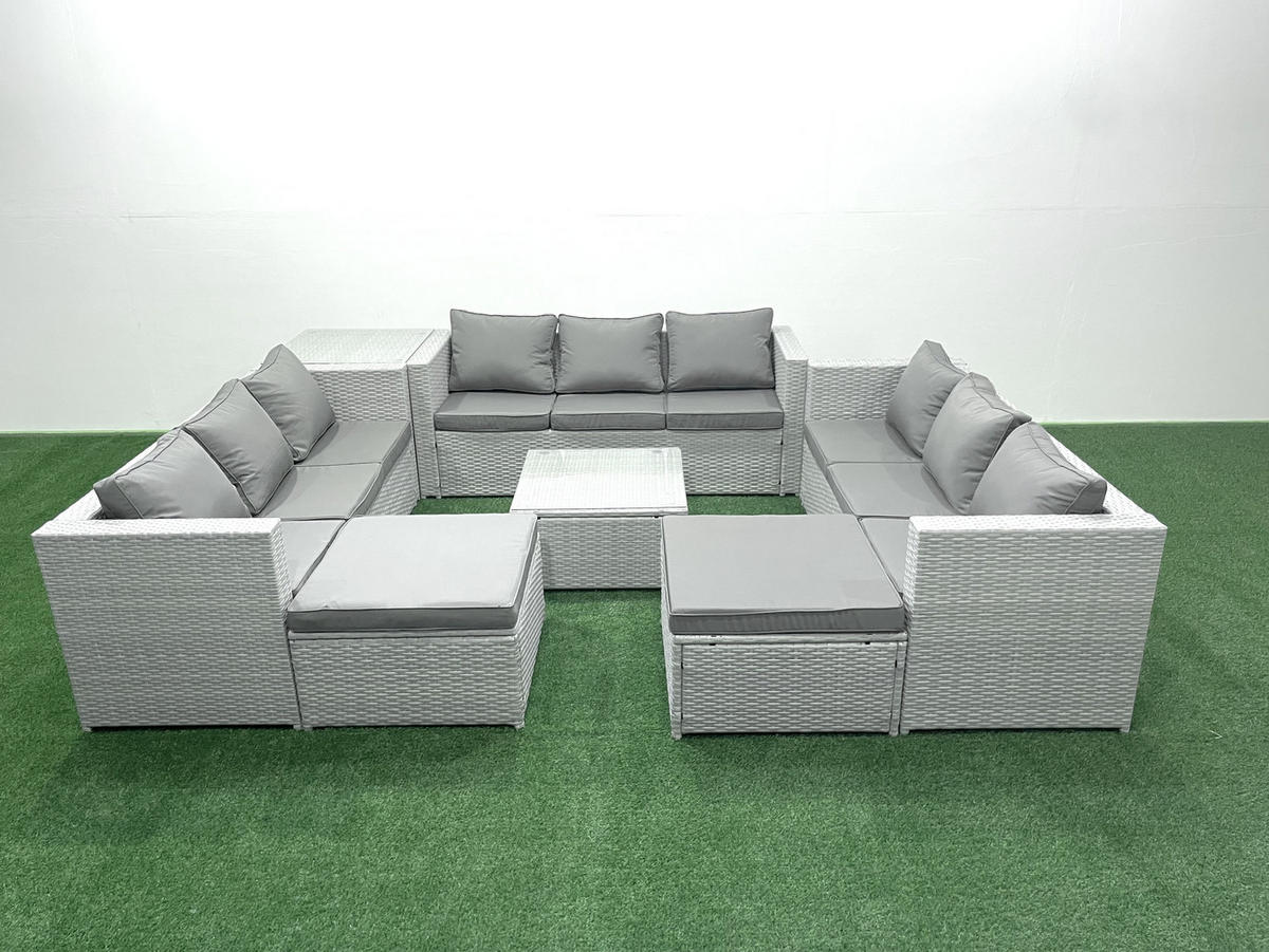 GARTENMÖBELSET mit 3-SITZER SOFA,COUCHTISCH Polyrattan Hellgrau-Mix 11-Sitzer - Hellgrau/Grau, Glas/Kunststoff - Fimous