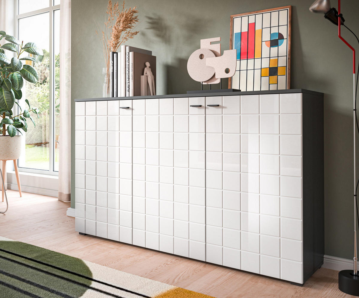 SIDEBOARD weiß Hochglanz, grau 138 cm, Kommode 3-türig - Weiß Hochglanz/Schwarz, Holzwerkstoff/Kunststoff (138/86/37cm) - Inn.Furn