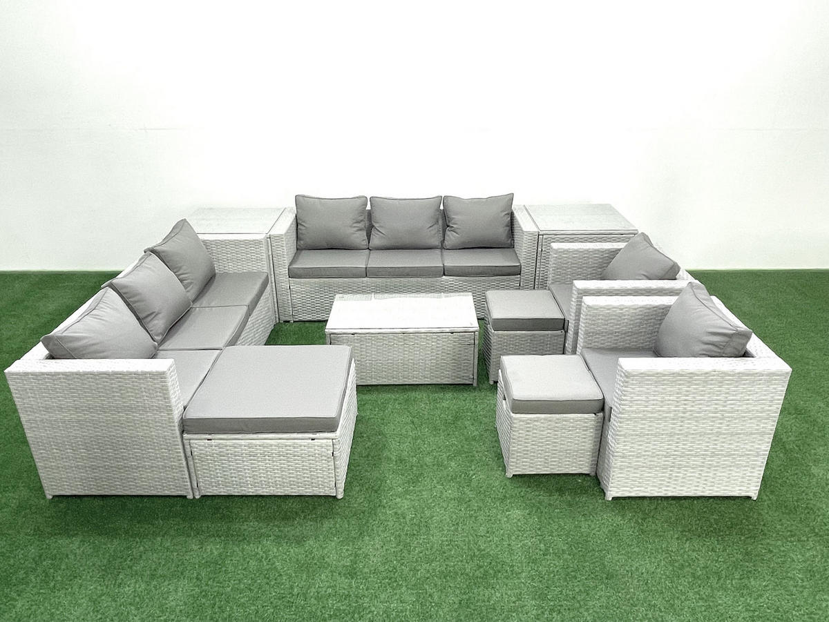 GARTENGARNITUR mit 3-SITZER SOFA,COUCHTISCH Polyrattan Hellgrau-Mix 11-Sitzer - Hellgrau/Grau, Glas/Kunststoff - Fimous