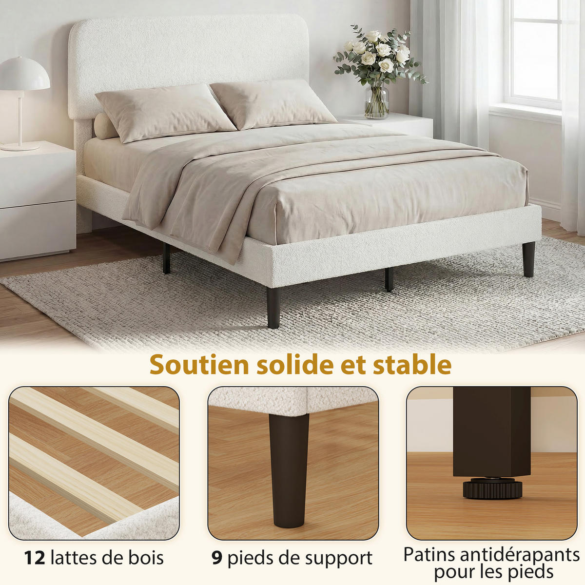 BETT 140x190 cm DE-14666 mit verstellbarem Kopfteil & Teddyvelours Weiß - Weiß, Metall (140/190cm) - ComfortXL