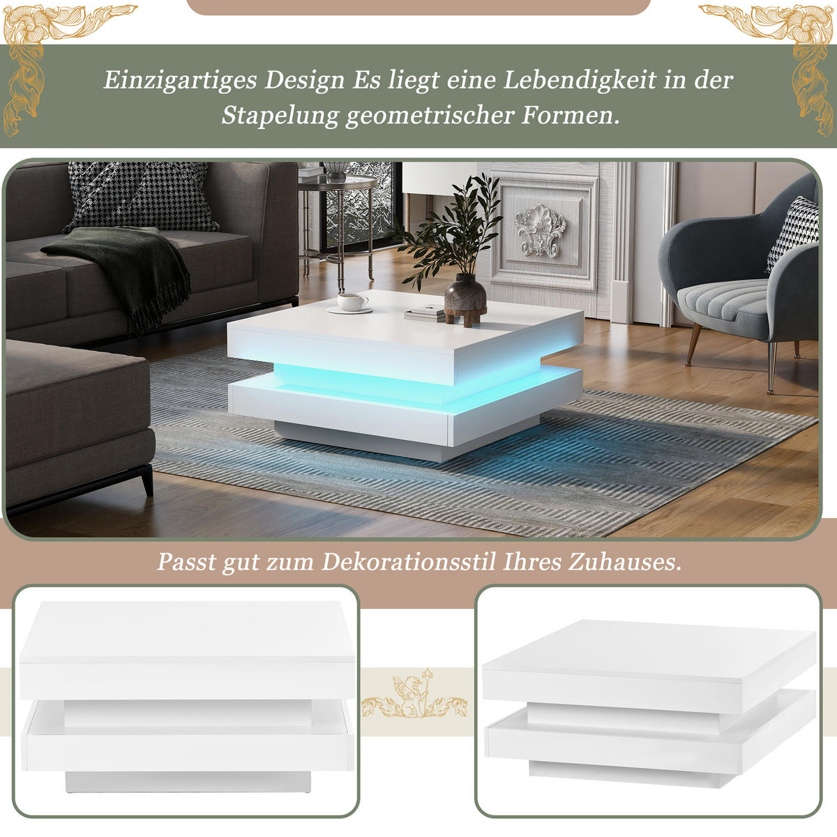 COUCHTISCH aus Spanplatte 70x70x36 cm in Weiß mit LED-Beleuchtung & Drehplatte - Weiß, Holzwerkstoff (70/70/36cm) - Modfu