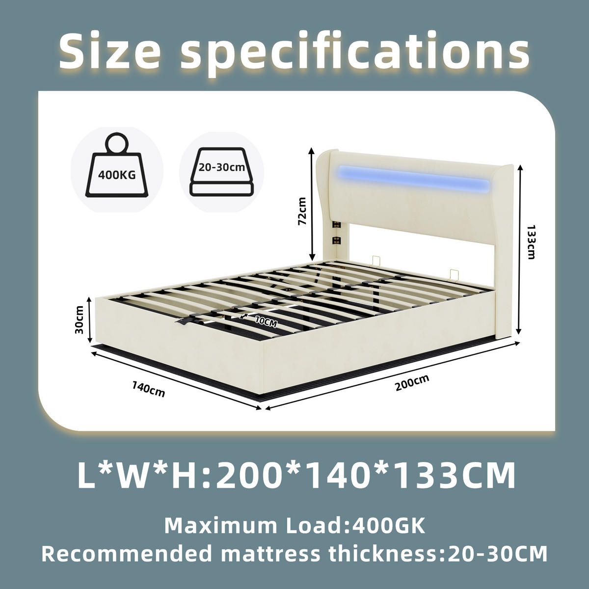 STAURAUMBETT 140/200 cm DE-33013 mit LED-Kopfteil und Gaslift-Stauraum Beige - Beige, Metall (140/200cm) - ComfortXL