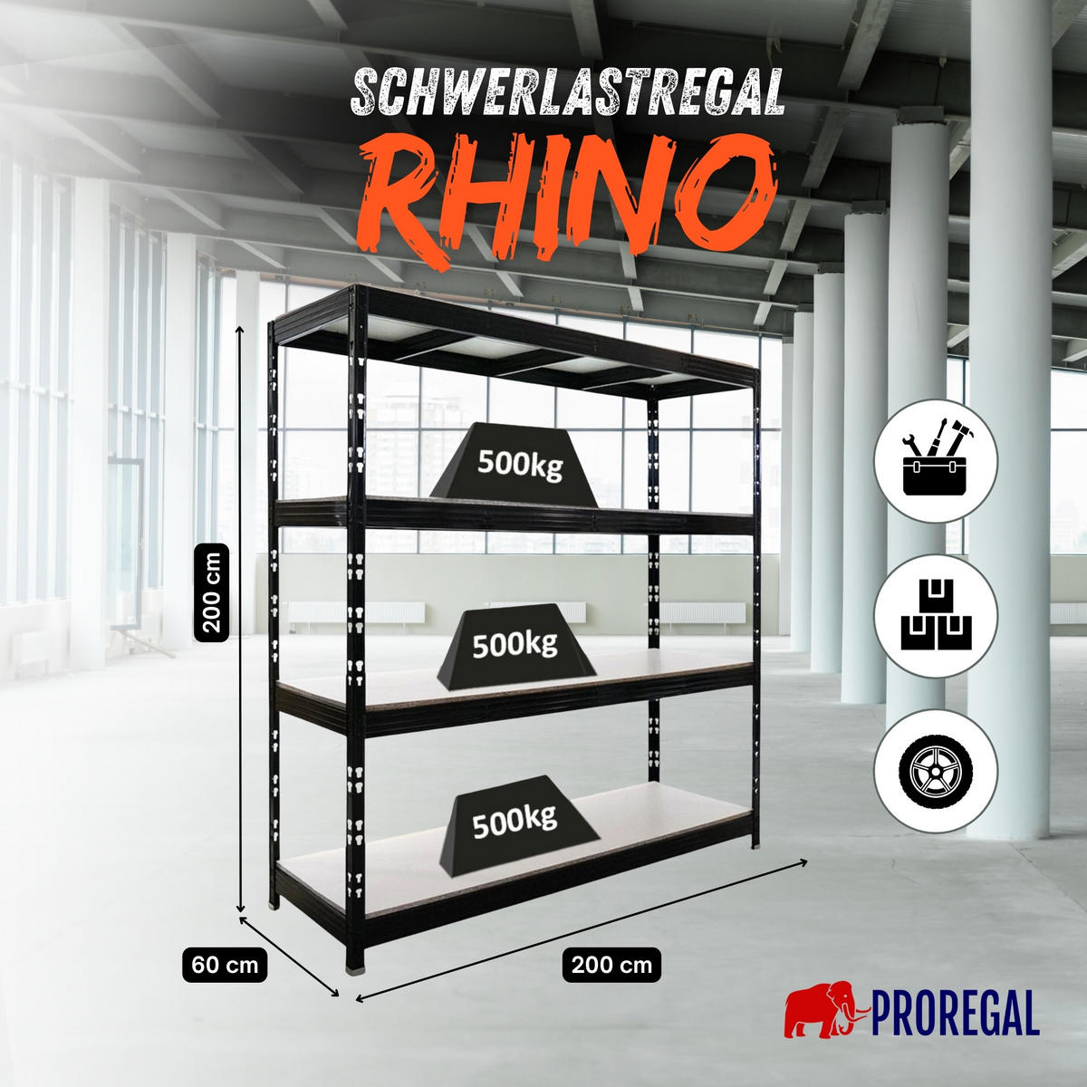 SCHWERLASTREGAL Rhino 200x200x60 cm 4 Melamin-Ebenen 16mm Fachlast 500 kg Schwarz - Schwarz, Metall (200/200/60cm) - PROREGAL