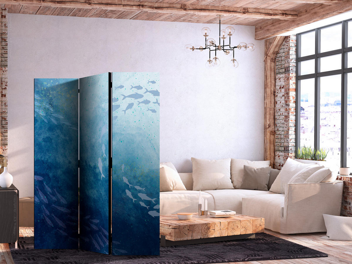 PARAVENT Einseitig Bedruckter 3-tlg 135x172 cm Fischschwarm Natur - Blau, Holz/Textil (135/172/3cm) - Muralo