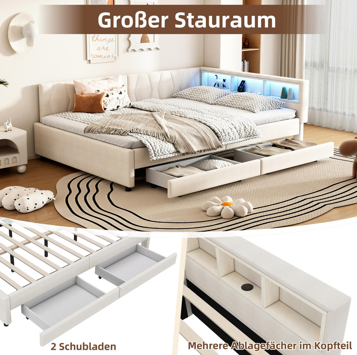 POLSTERBETT 140/200 cm Beige aus Leinen und MDF mit LED-Beleuchtung und Stauraum - Beige, Textil (140/200cm) - OKMYHOME