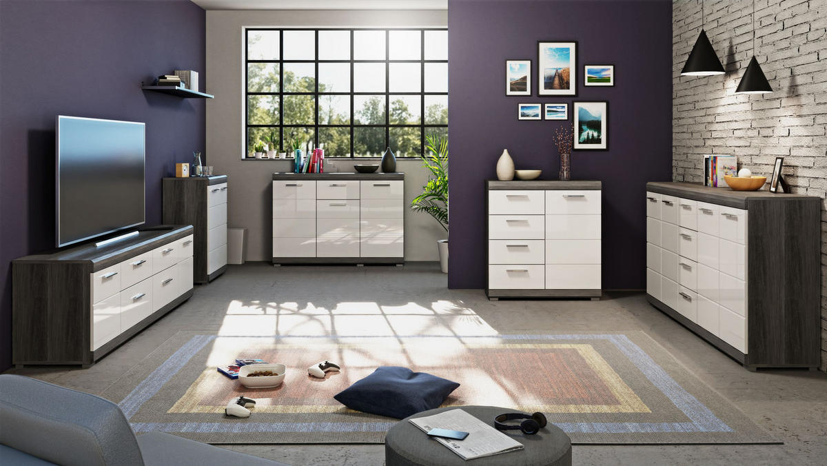 KOMMODE SCOUT (B/H/T: ca. 120/85/37 cm) in Rauchsilber Nachbildung/weiß hochglanz - Silberfarben, Holzwerkstoff (120/85/37cm)