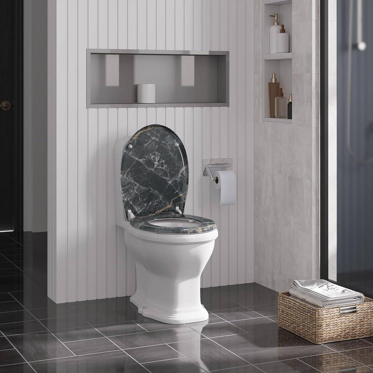 TOILETTENDECKEL mit Absenkautomatik, 175 kg belastbar - Schwarz/Weiß, Kunststoff (37/3.4/45cm) - Woltu