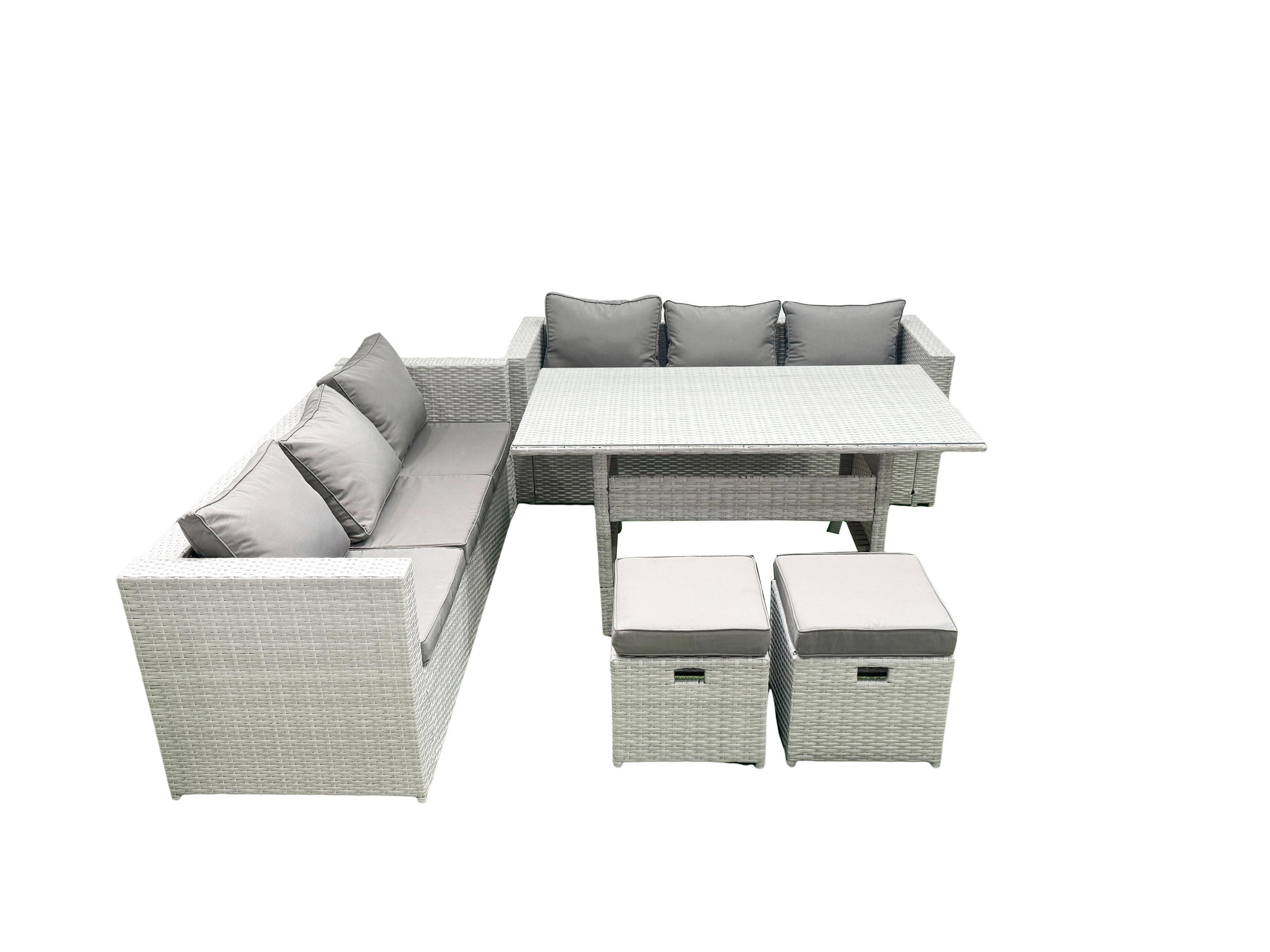 GARTENMÖBEL SET mit Esstisch,2 Hockern Polyrattan Hellgrau 8-Sitzer - Hellgrau/Grau, Glas/Kunststoff - Fimous