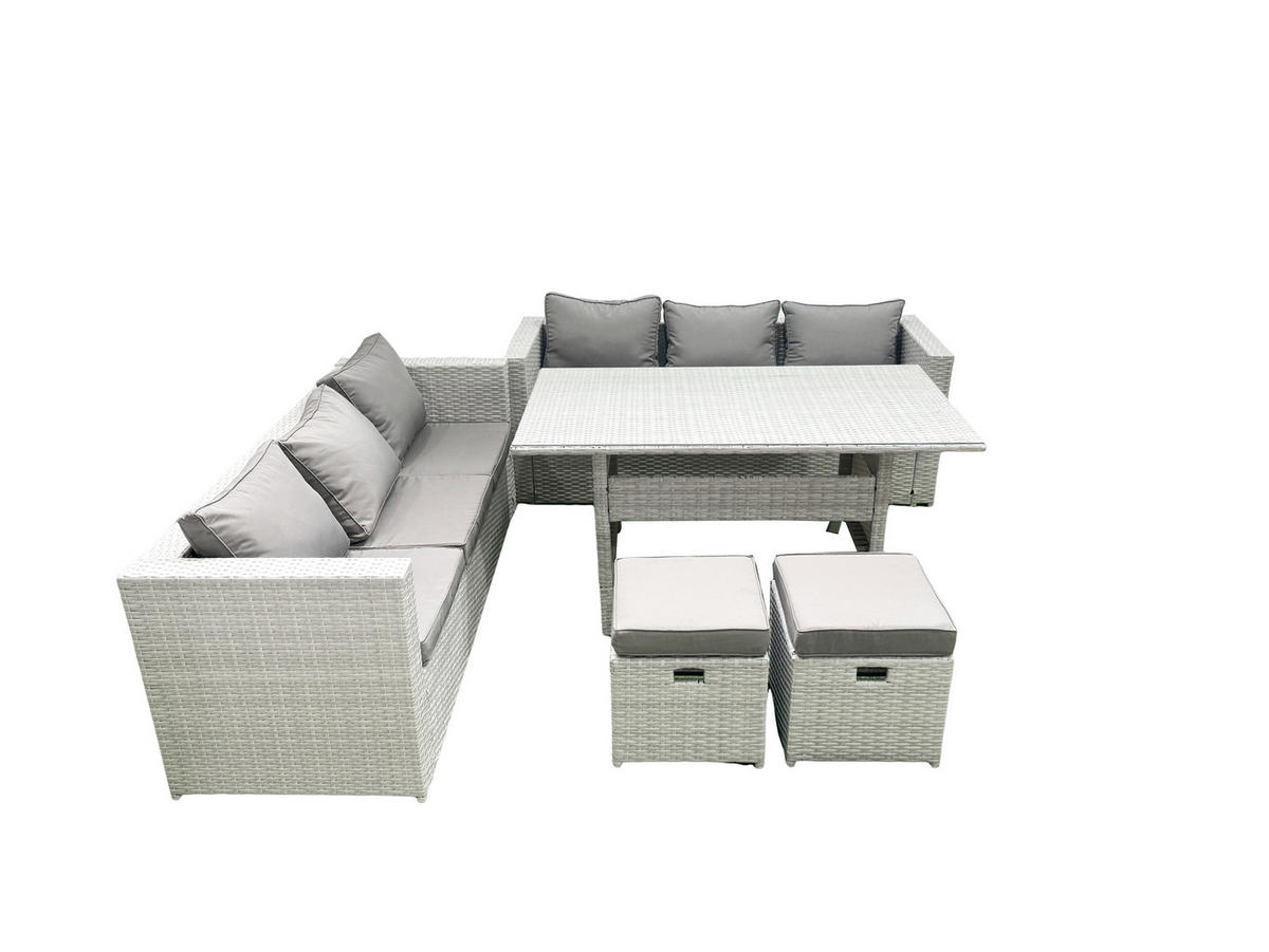 GARTENMÖBEL SET mit Esstisch,2 Hockern Polyrattan Hellgrau 8-Sitzer - Hellgrau/Grau, Glas/Kunststoff - Fimous
