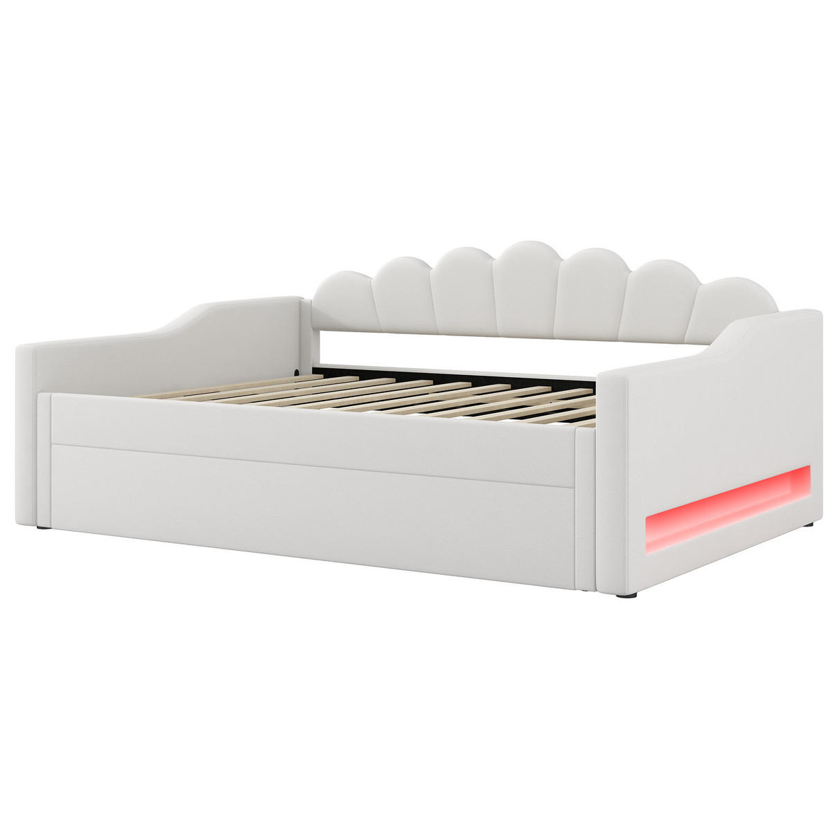 DENNÁ posteľ 140/200 cm béžová z MDF a preglejky s ľanovým čalúnením LED osvetlením a výsuvným lôžkom - béžová, kompozitné drevo (140/200cm) - OKWISH