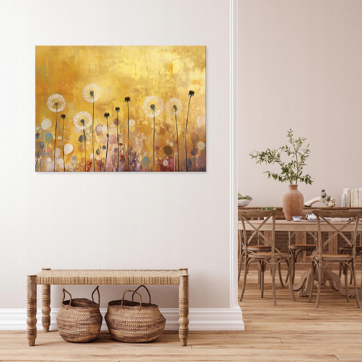 LEINWANDBILD Abstrakt Blumen Wiese Gold Modern Wohnzimmer 60x40 - Multicolor, Holzwerkstoff (60/40cm) - Wallarena