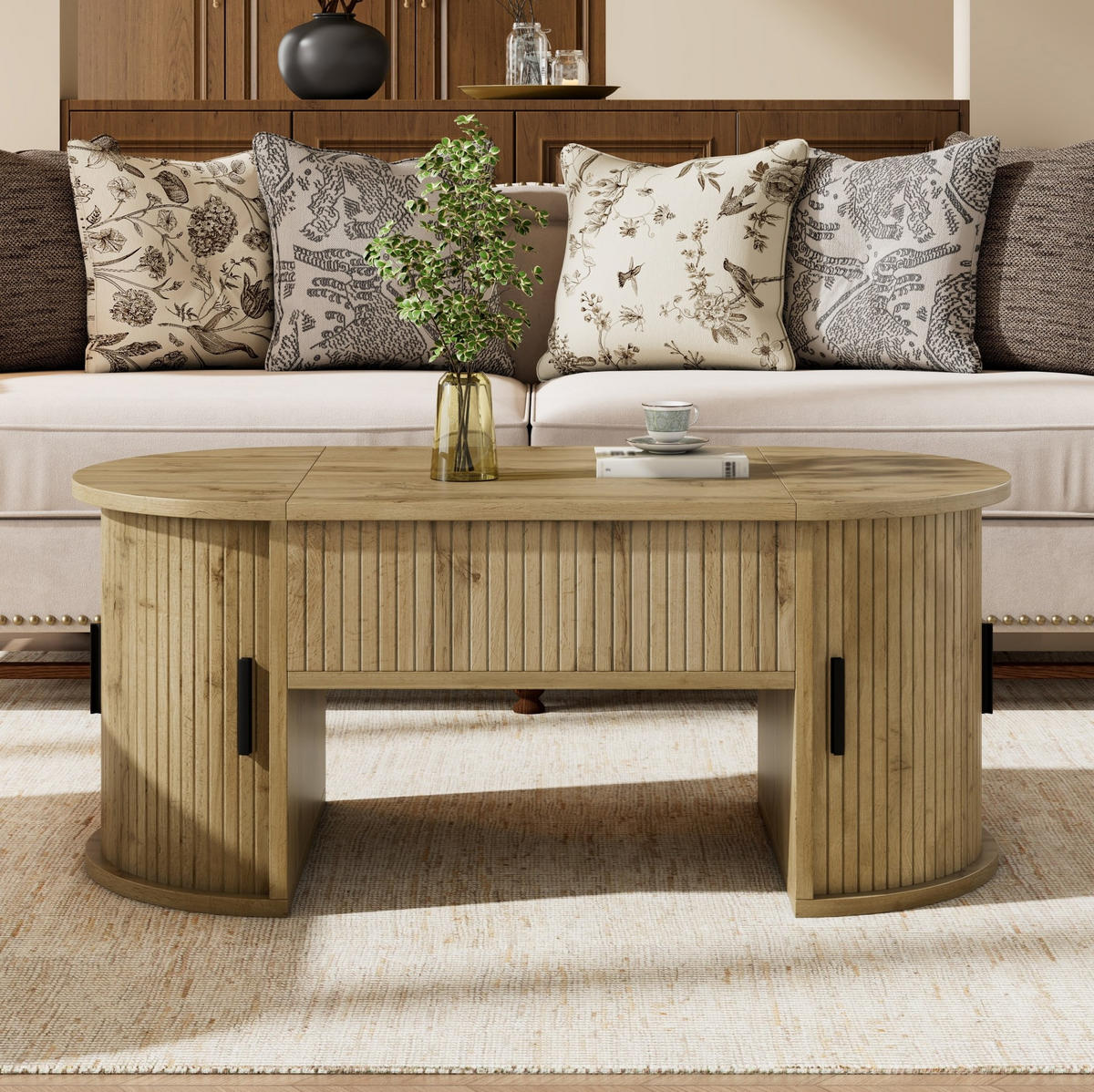 KONFERENČNÍ stolek z MDF 100x40,5x50 cm dubový s výškově nastavitelnou deskou, posuvnými dveřmi a úložným prostorem - barva dubu, kompozitní dřevo (100/50/40.5cm) - Modfu