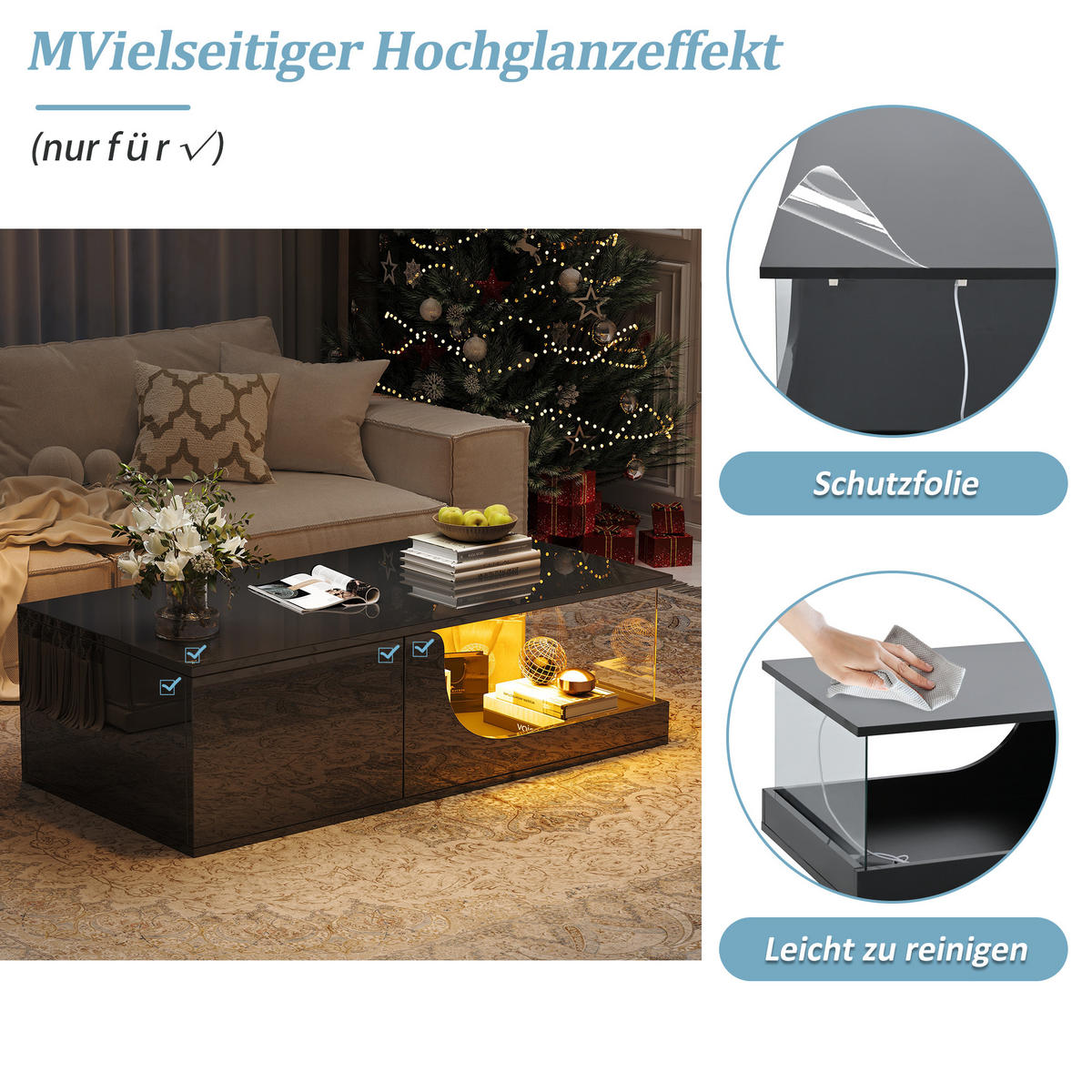 COUCHTISCH 100/50/30 cm schwarz mit 2 Schubladen und LED-Beleuchtung - Schwarz, Holzwerkstoff (100/50/30cm) - OKWISH