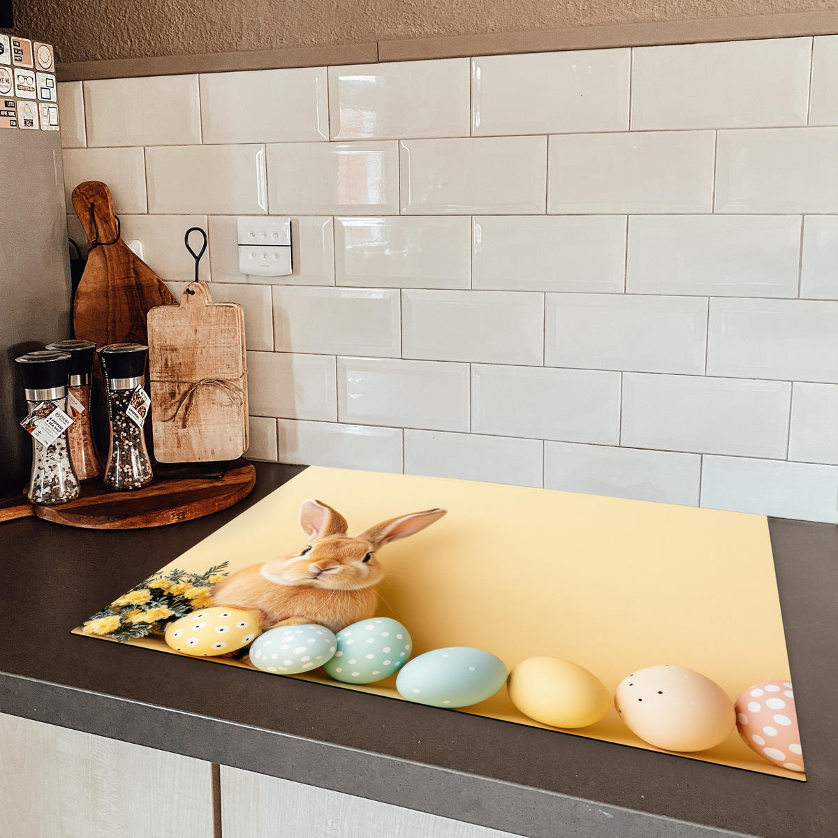 HERDABDECKPLATTE Eier - Kaninchen - Pastellfarbtöne Herdabdeckung Induktionsfeld 70x52 cm - Hellgelb, Kunststoff (70/52/0.2cm) - MuchoWow
