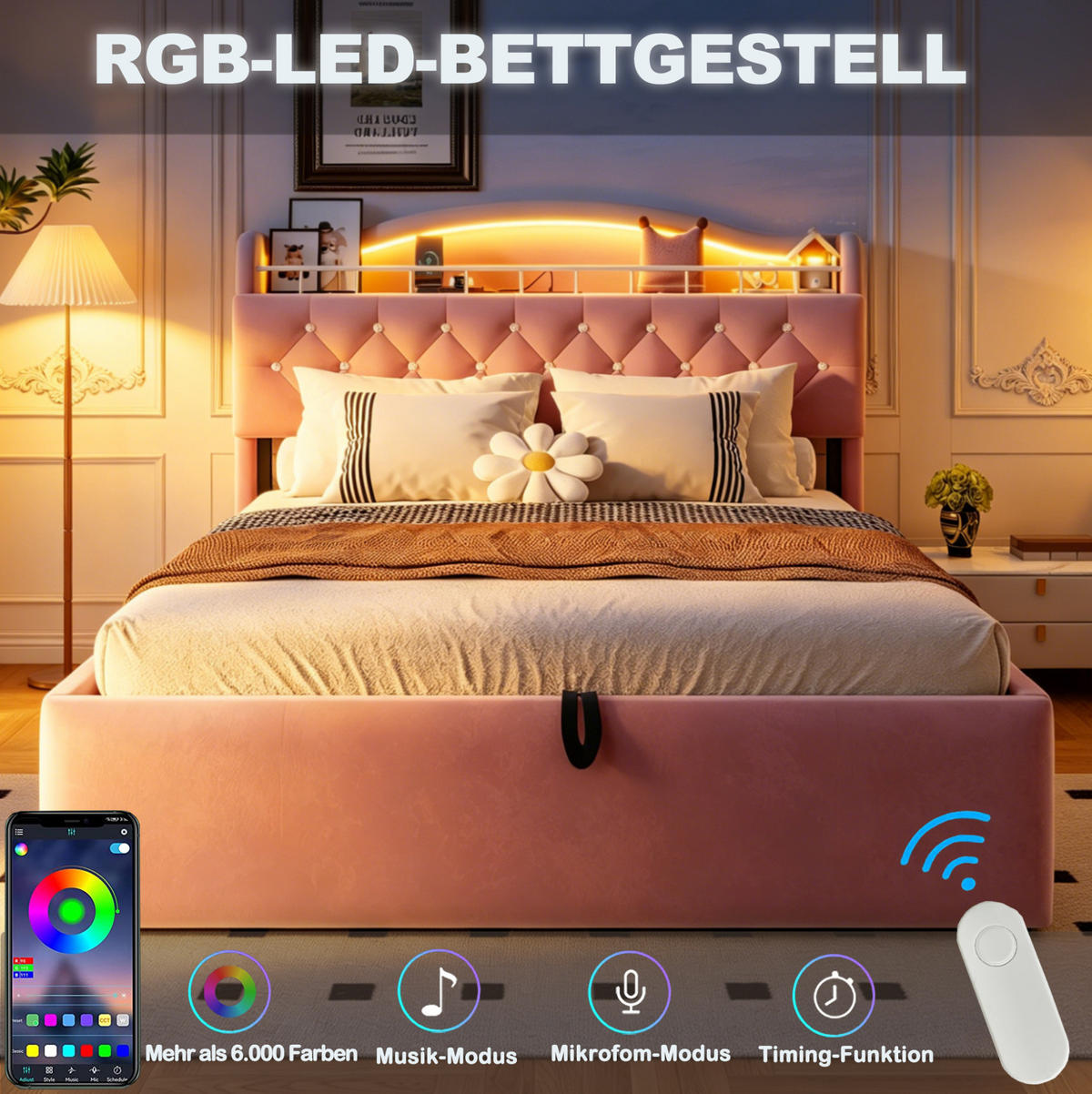 POLSTERBETT 180/200 cm aus Samt und Metall mit Stauraum Rosa - Pink, Textil (180/200cm) - OKMYHOME