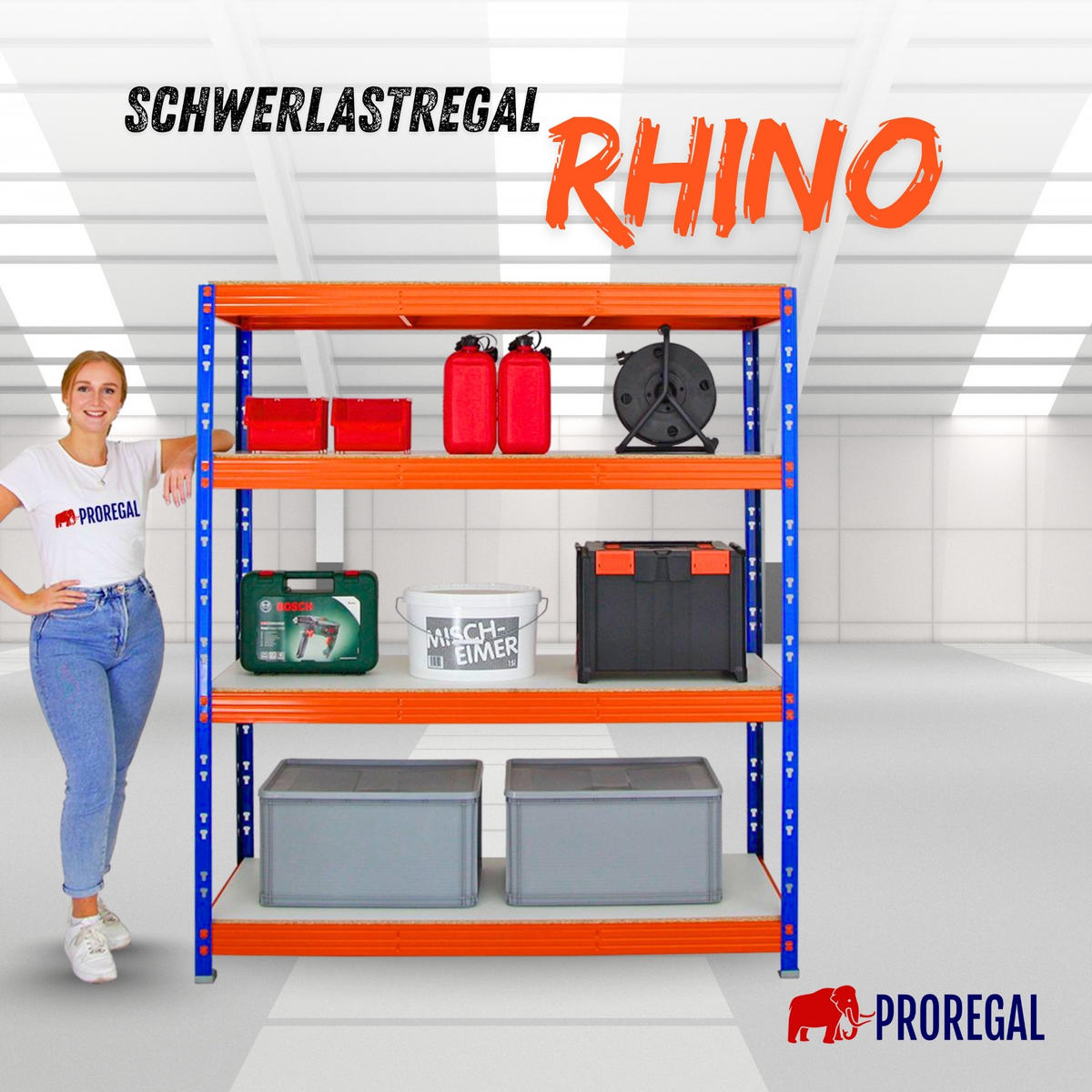 SCHWERLASTREGAL Rhino 180x160x60 cm 4 Melamin-Ebenen 16mm Fachlast 500 kg Blau/Orange - Blau/Orange, Metall (160/180/60cm) - PROREGAL