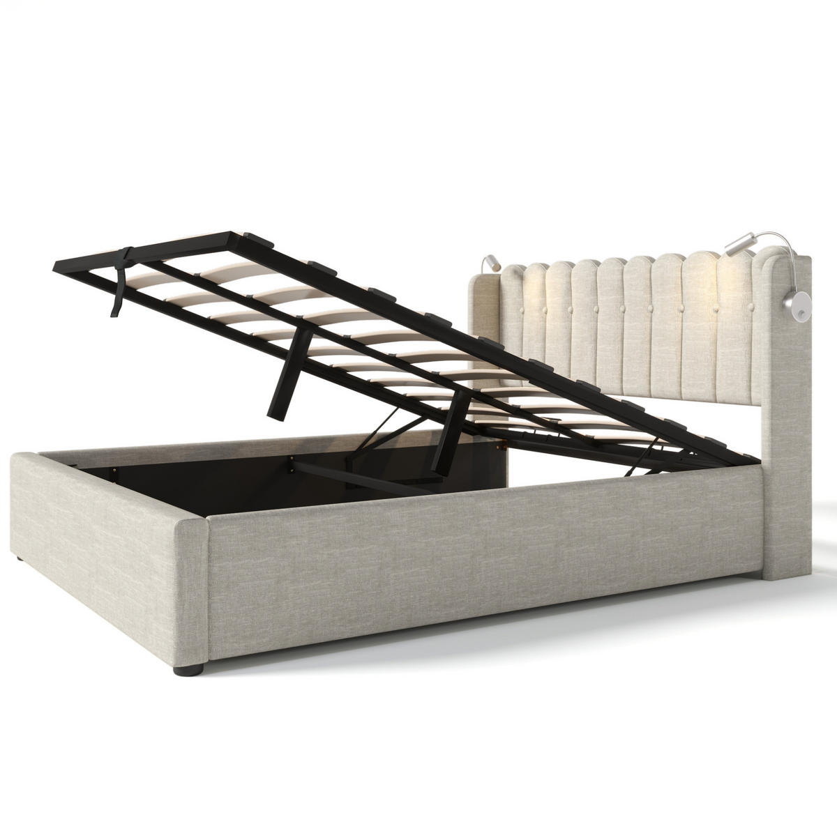 POLSTERBETT mit Stauraum, USB und Leselicht 140x200 cm Leinen Natur - Beige, Metall (140/200cm) - Meubliv