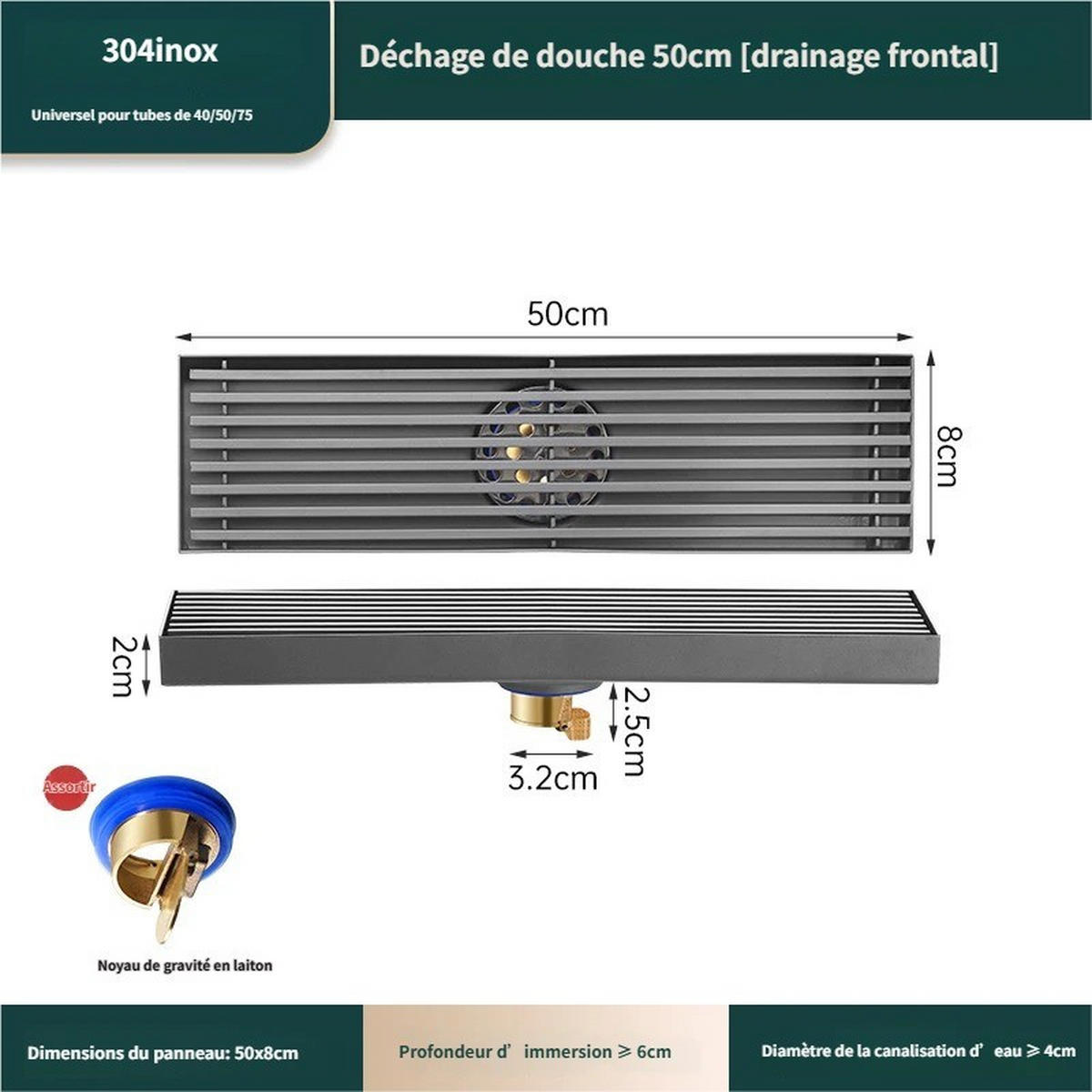 BODENABLAUF – 8 x 50 cm – Mittiger Ablauf - Grau, Metall (12.4/61/6.8cm)