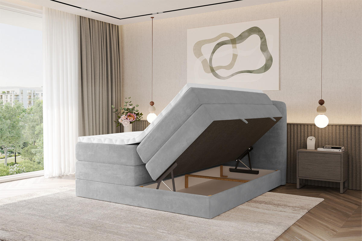 BOXBETT mit Matratze H3|H4 - NINA KING - 160x200 cm - Hellgrau - Hellgrau, Holzwerkstoff (160/200cm) - ALTDECOR