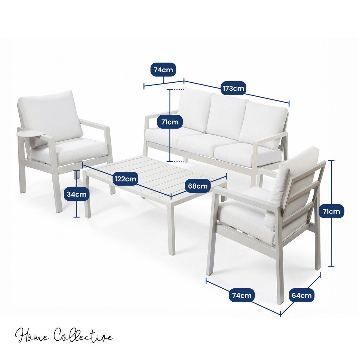 GARTENMÖBEL-SET mit 1 Dreisitzer-Sofa. 2 Einzelstühlen und 1 Couchtisch. Creme & Beige - Beige, Metall - Home Collective