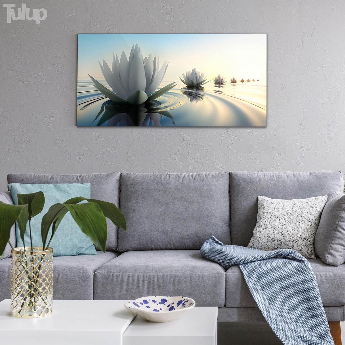GLASBILD 120x60 cm Lotosblume - Sandfarben/Hellblau, Glas (120/60cm) - TULUP