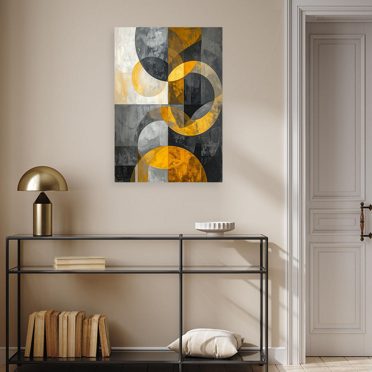 WANDBILD, Geometrische Komposition mit Kreisen in Schwarz Grau und Gold - Gelb, Textil (40/60cm) - Feeby