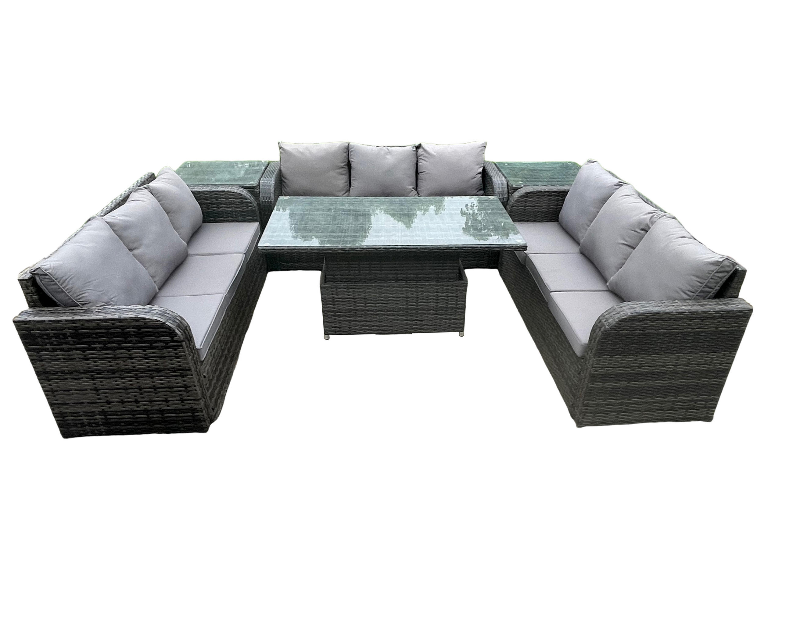 GARTENTISCHGRUPPE Polyrattan 9-Sitzer - Dunkelgrau/Grau, Glas/Kunststoff - Fimous