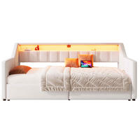 BETT aus Leinen 90x200 cm Beige mit USB, Typ-C, LED-Leiste und Ausziehfunktion - Beige, Textil (90/200cm) - Modfu
