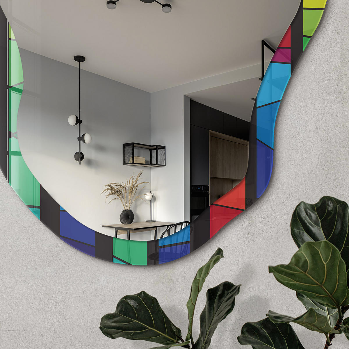 SPIEGEL 90x45 cm asymmetrisch mit Druck - Farbenfrohes Mosaik - Transparent, Glas (45/90/0.4cm) - TULUP