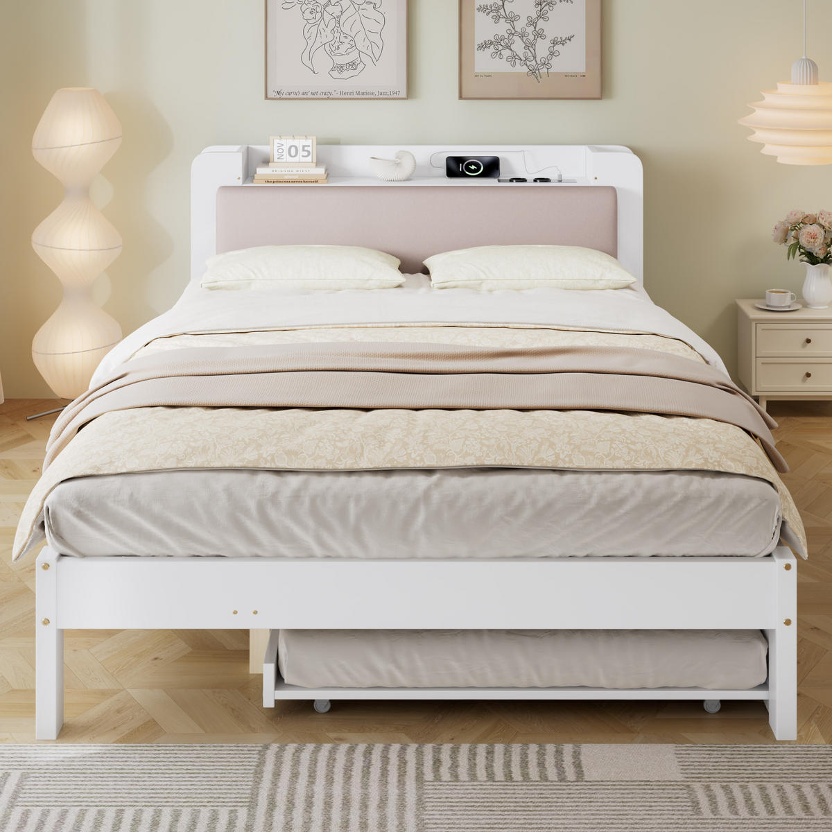 BETT 120/200 cm in Weiß mit Ausziehbett, gepolstertem Kopfteil, Kopfteilregal und Ladestation - Beige/Weiß, Holzwerkstoff (120/200cm) - STILVORA