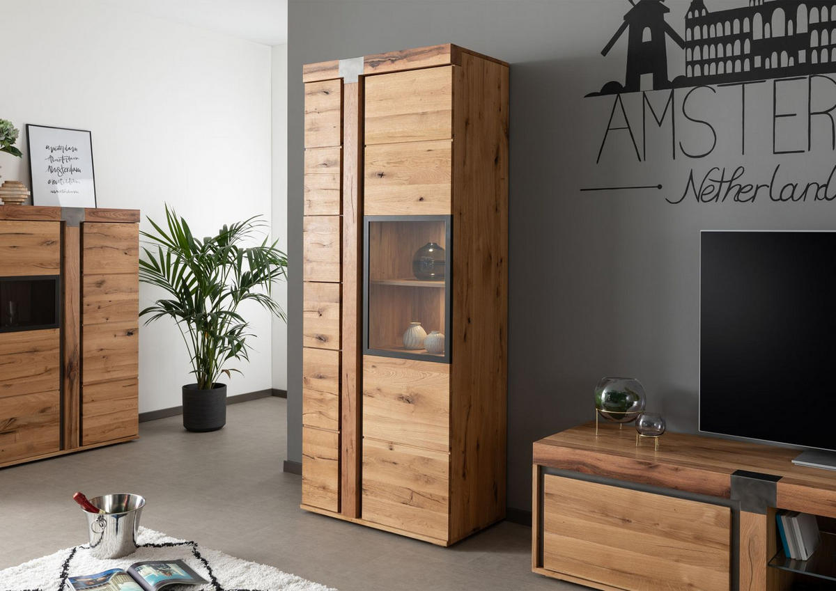VITRINE Wildeiche / Zerreiche 80x45x204 natur geölt NEW AMSTERDAM #08 - Braun, Holz (80/204/45cm) - Massivmoebel24