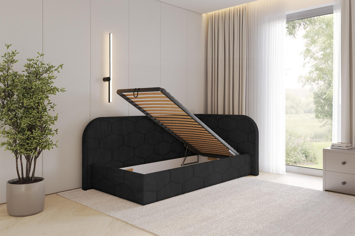 EINZELLBETT Jugendbett mit Bettkasten und Matratze H3/H4, Links - JAXY 90x200 Schwarz - Schwarz, Holzwerkstoff/Textil (90/200cm) - ALTDECOR