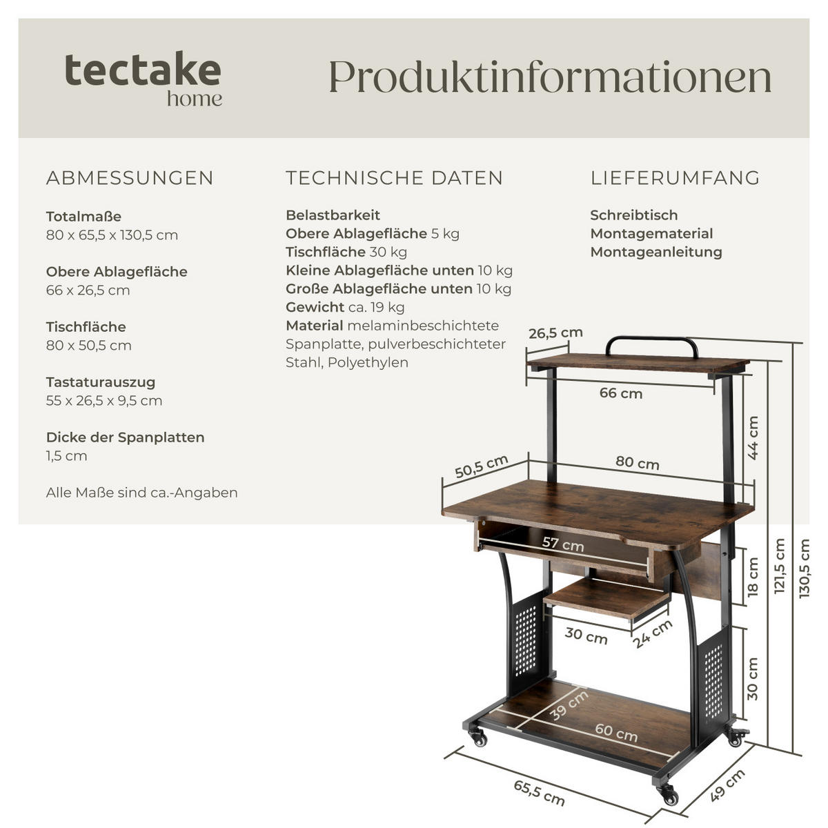 SCHREIBTISCH Fife,80 x 65,5 x 130,5 cm,Industrial Holz dunkel, rustikal - Rostfarben, Holzwerkstoff (80/65.5/130.5cm) - tectake