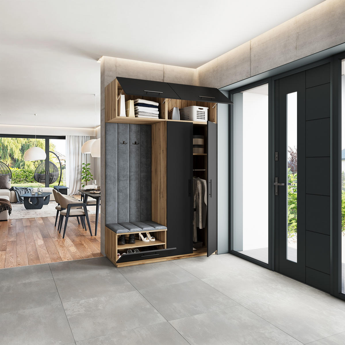 GARDEROBENSCHRANK REMA 150/240/60 cm Modern Garderobe-Set Eiche Wotan - Eiche Wotan/Schwarz, Holzwerkstoff (150/240/60cm) - MASSENO